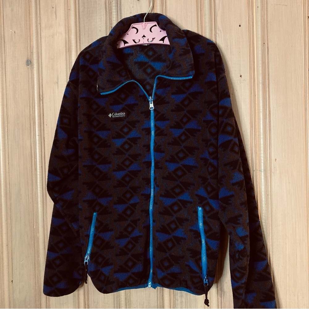 Men’s 80s 90s made USA Aztec geometric fleece front snap coat synchilla callout